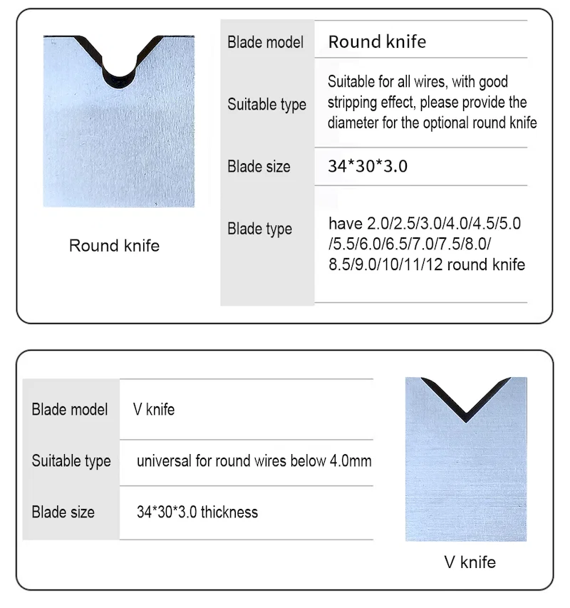  Pneumatisk trådafisoleringsblad, 305 horisontal flåningsmaskine med forskellige værktøjer, 315 flade knive, V-kniv rund kniv, U-kniv, 310 tilbehør 