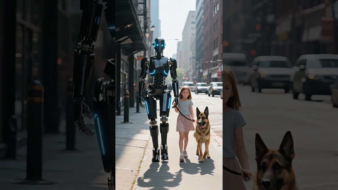 A humanoid robot and a little girl are walking on the street.