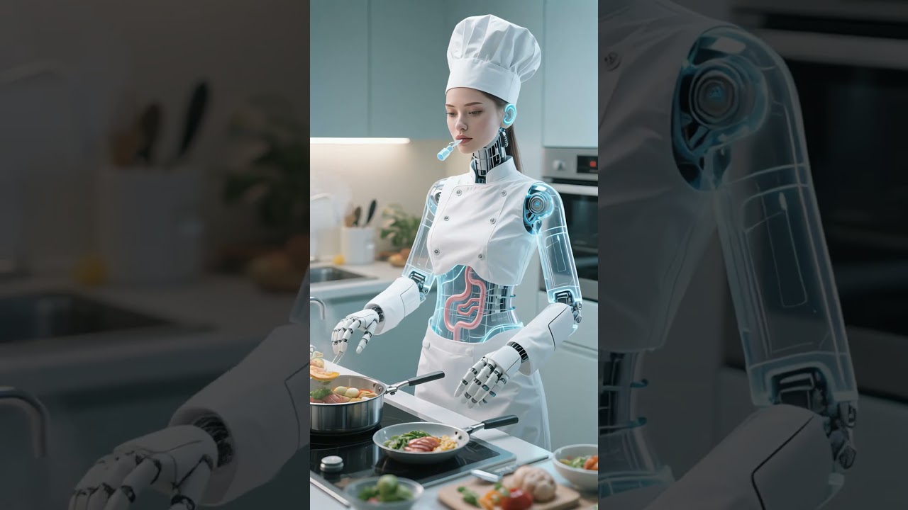 The female robot is doing cooking work. f# emale robot